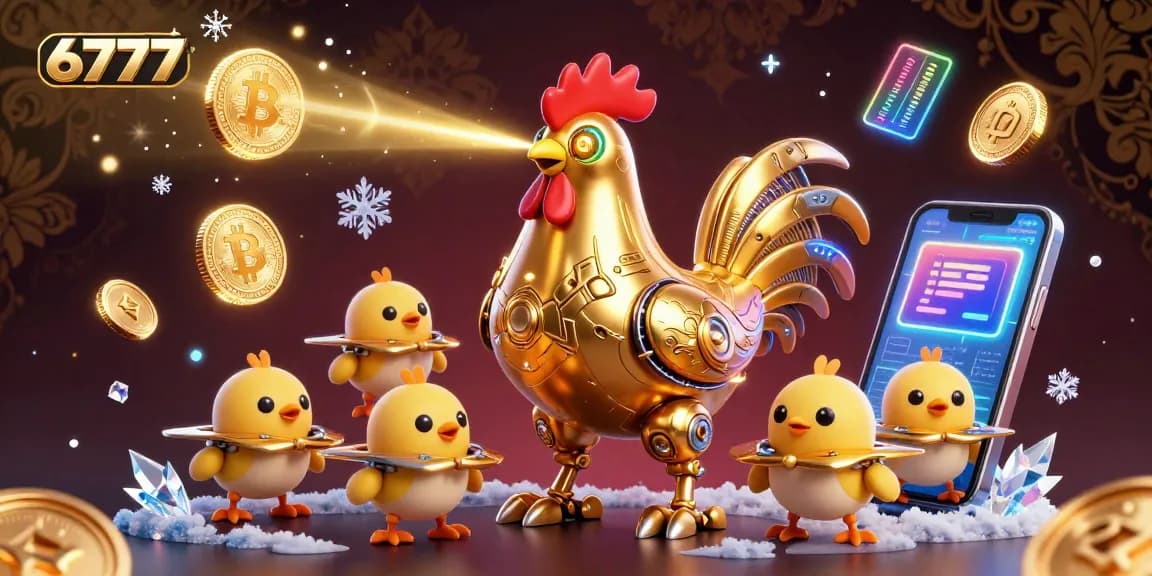 Engage with 6777’s crypto-themed casino world where a retro-futuristic rooster robot leads baby chick drones through vibrant gaming elements.