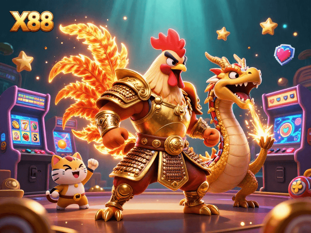 X88 engages players with thrilling slots and vibrant characters in a dynamic casino scene.