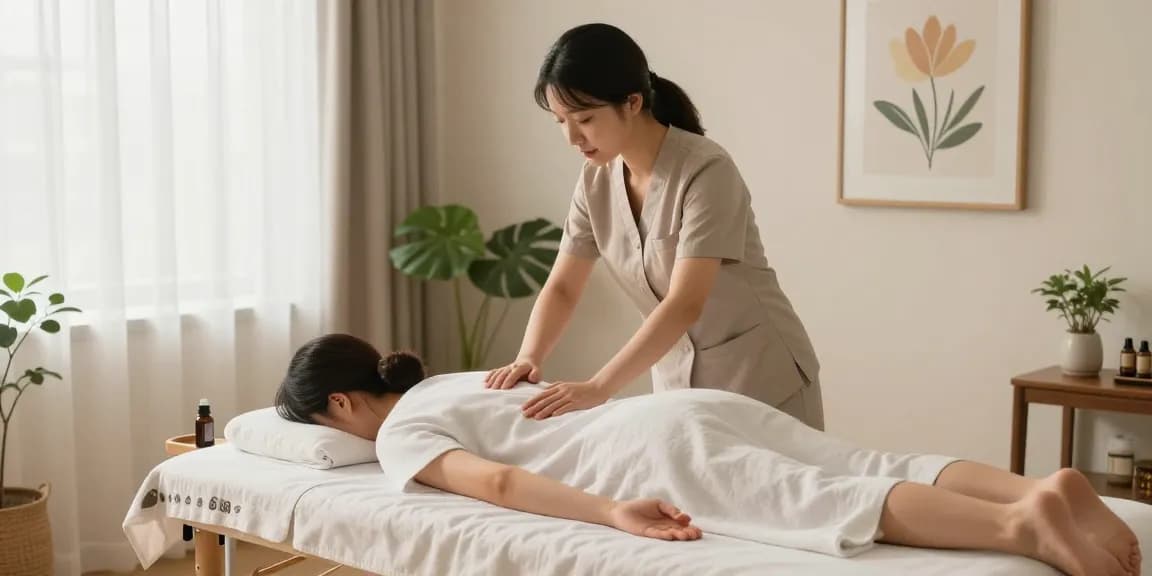 Korean massage therapist providing 김포출장마사지 in a tranquil home environment with soothing ambiance.