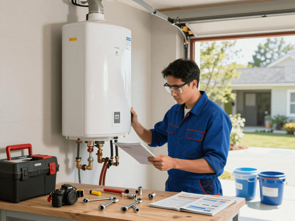 Expert plumber performing water heater repair Fort Worth in home garage, tools and equipment visible.