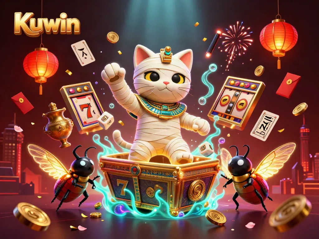 Kuwin offers dynamic gaming experience with a 3D mummy cat and glowing components in a luxurious casino setting.