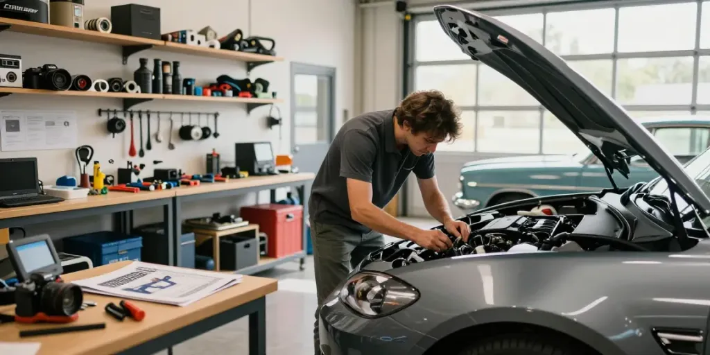 Car United car enthusiast inspecting a modern vehicle in a bright garage.