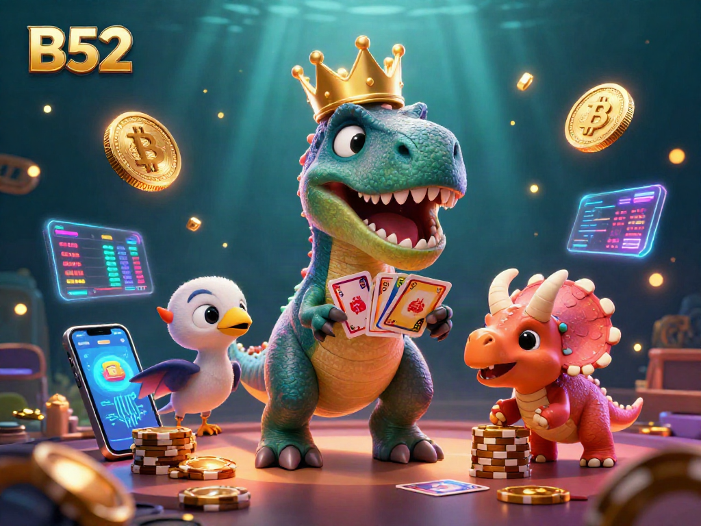 Play to win big with the B52 casino illustration featuring animated dino characters.