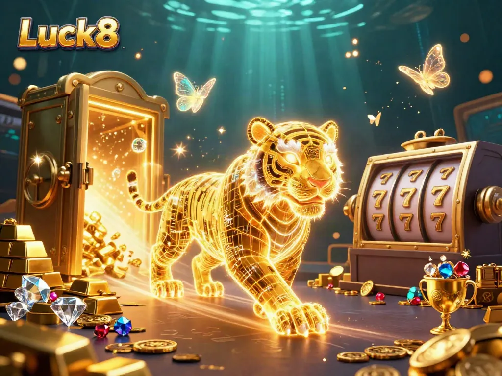 Experience the thrill of Luck8 with a vibrant 3D digital casino illustration featuring a neon tiger and golden treasures.