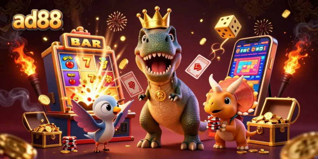 Ad88 illustrates a fun gaming scene with T-Rex card shuffling and jackpot explosions.