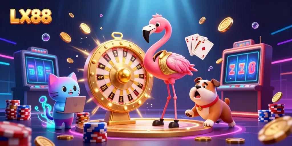 Spin the giant LX88 prize wheel with bulldog contestant and cat assistant celebrating casino wins.