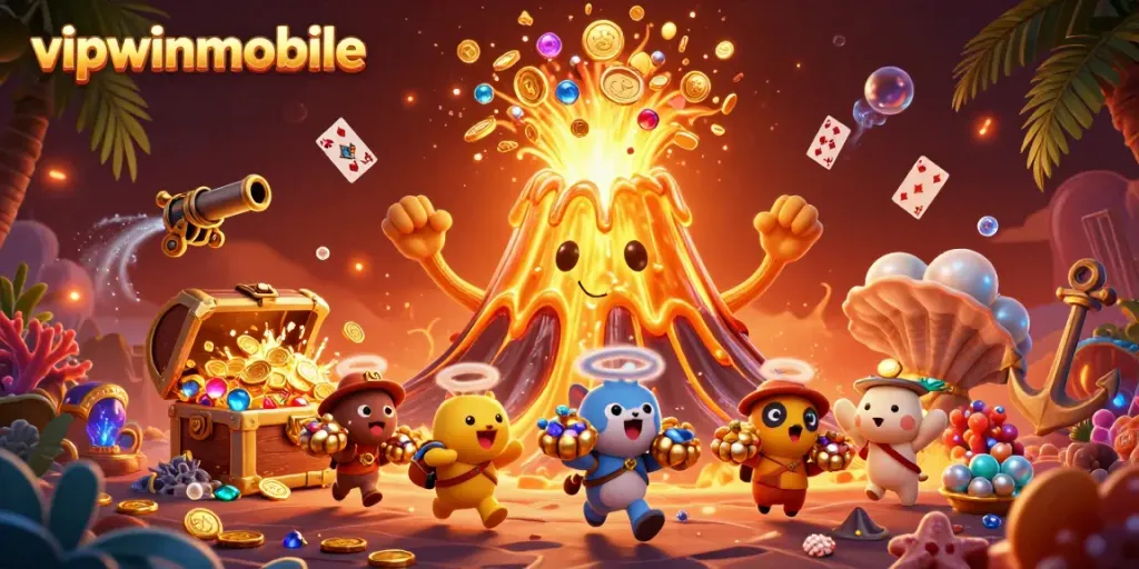 Play thrilling games at vipwinmobile featuring explosive treasure and vibrant casino elements in a dynamic scene.
