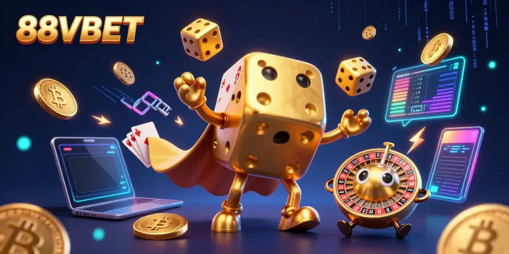 Engage with 88VBET through a thrilling scene of a golden dice golem and gaming elements.
