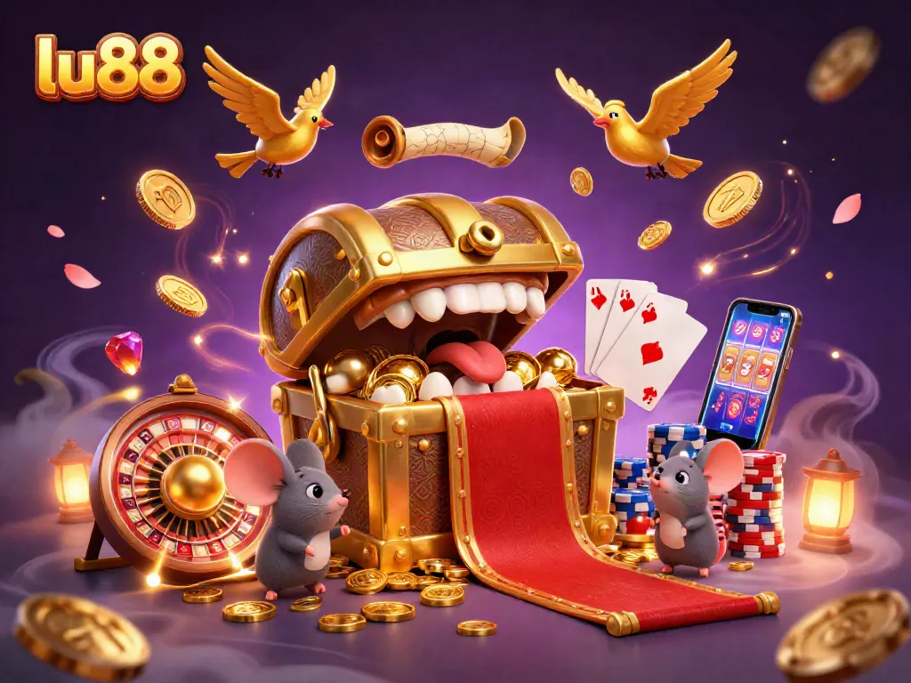 Experience thrilling adventures with lu88's 3D cartoon treasure chest, coins, and lively gaming elements.