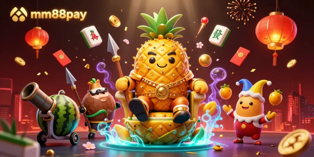 Experience the thrill of mm88pay with a dynamic 3D cartoon scene featuring a pineapple king, jester, and vibrant casino elements.