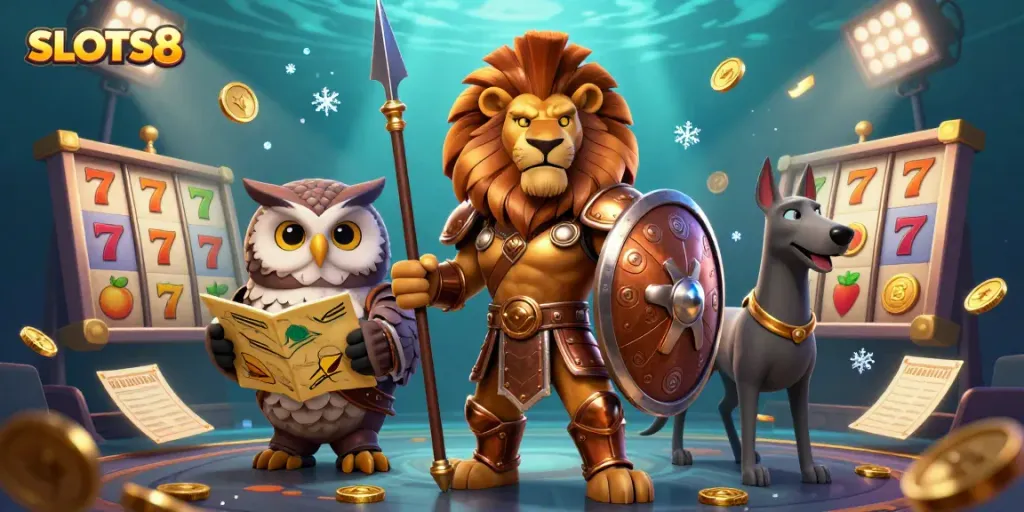 SLOTS8 captivating casino scene featuring a Spartan lion, owl strategist, and greyhound messenger surrounded by slot reels.