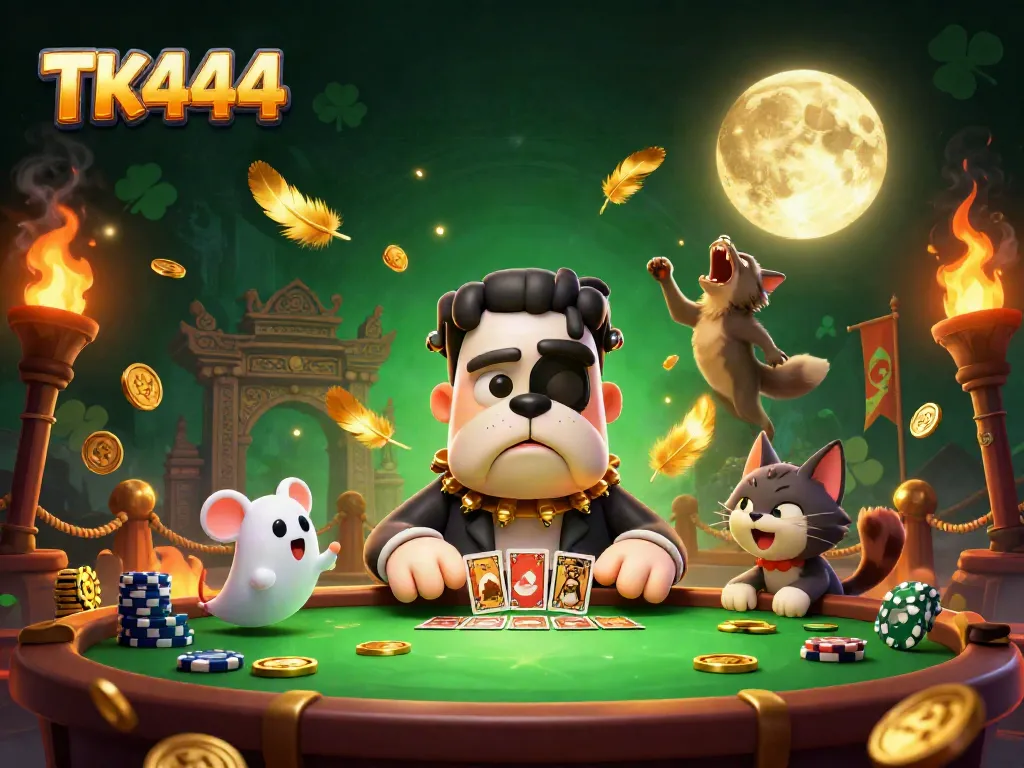 Experience immersive gaming at TK444 with a whimsical illustration featuring a Frankenstein bulldog dealer, spooky elements, and a magic gold moon.