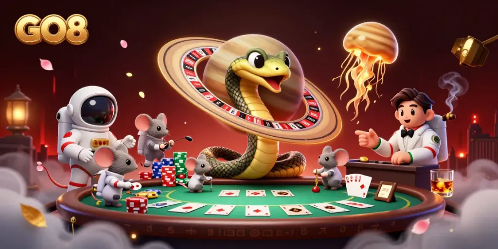 Watch astronaut mice bet around the GO8-themed roulette wheel in this vibrant 3D casino scene.