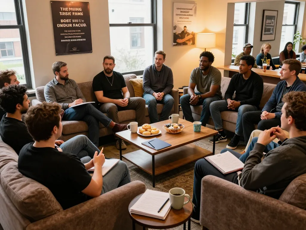 Men sharing experiences in a supportive manclub community meeting, fostering connection and mental wellness.