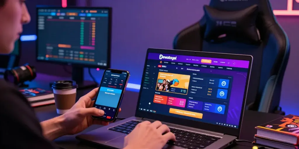 Dewatogel online gaming experience with player engaged on laptop showcasing betting options and win notifications.