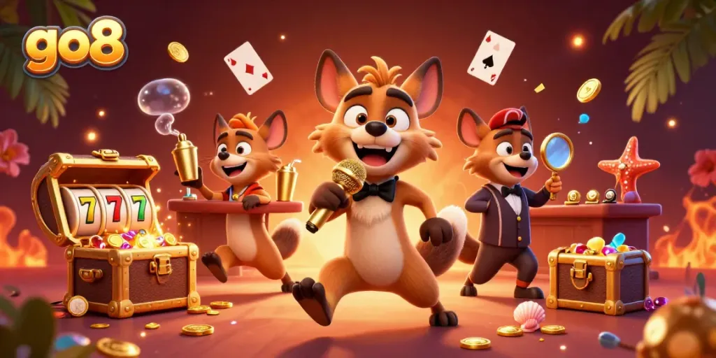 Experience the thrilling atmosphere at the go8 casino with lively hyenas, golden drinks, and sparkling treasures.