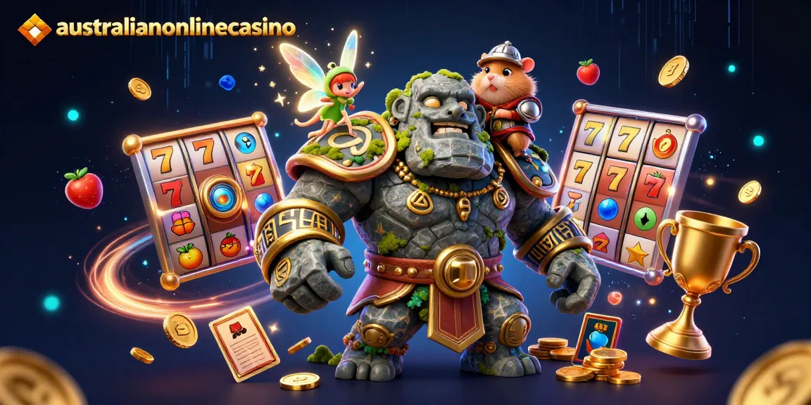 Play slots at australianonlinecasino with dynamic slot reels, a 3D cartoon golem guardian, and magical fairy.