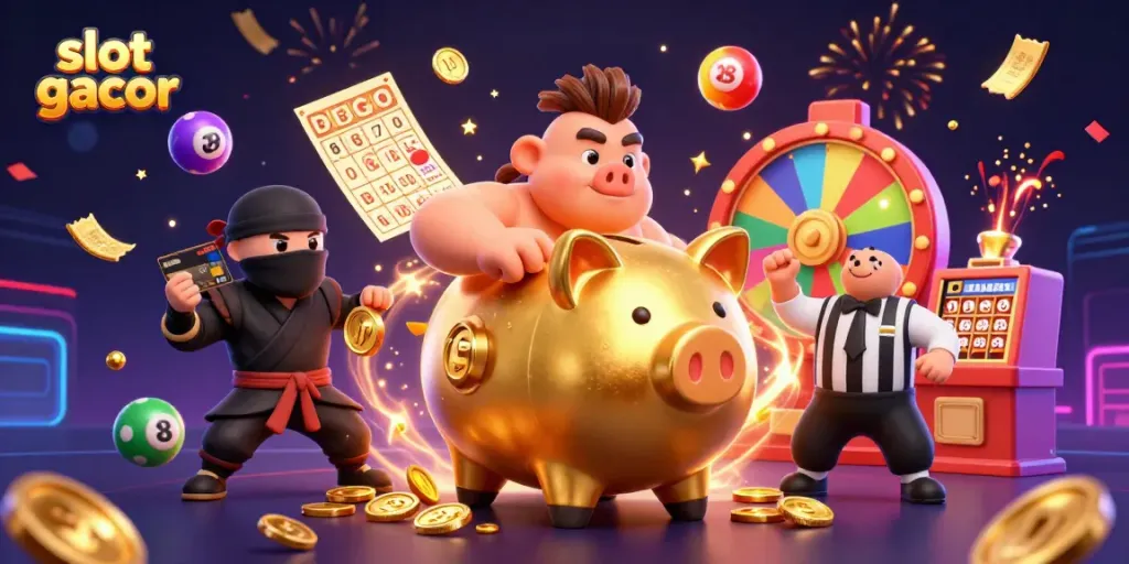 Experience immersive fun with slot gacor featuring a golden piggy bank, ninja, and samurai in vibrant 3D.