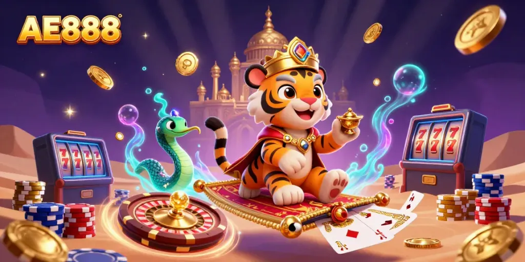 Experience the vibrant AE888 casino scene with a sultan on a poker chip carpet and spinning roulette wheel.