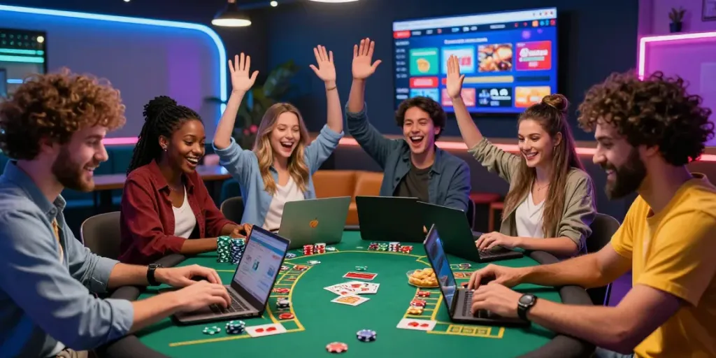 Friends enjoying gaming at credit card casinos, vibrant atmosphere with laptops and chips.