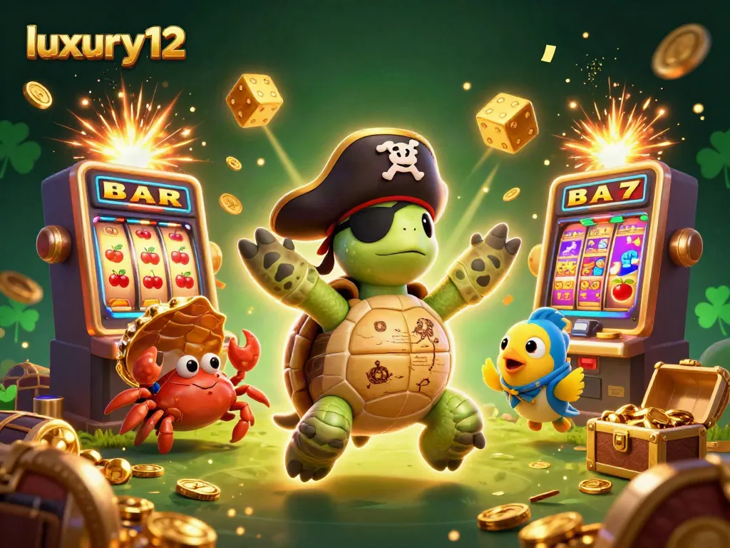 Experience adventure at luxury12 with a vibrant scene featuring a pirate turtle and casino treasures.