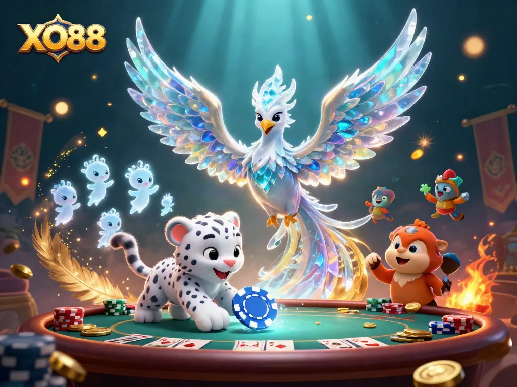 Join the excitement at XO88 with dazzling characters and poker game elements in a vibrant scene.
