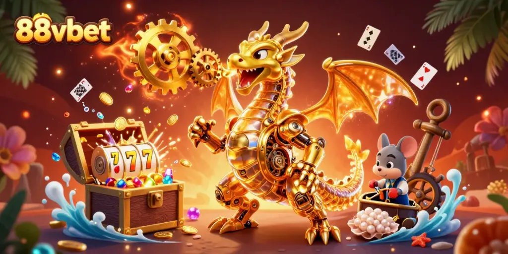 Engage with 88vbet's exciting slot game elements in this vibrant 3D casino illustration.