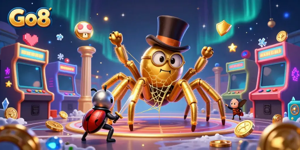 Experience thrilling gaming at Go8 with a vibrant 3D scene featuring a golden tarantula amid casino elements.