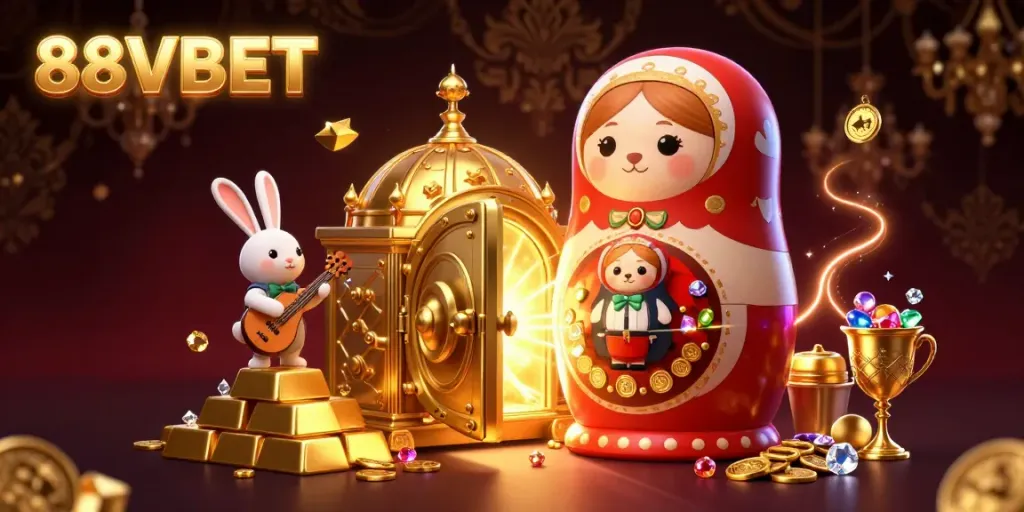 Engage with 88VBET's vibrant casino scene featuring playful characters and piles of gold.