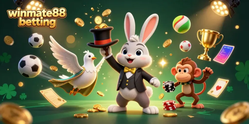 Winmate88 betting scene with a magician rabbit, dove, and monkey amidst dynamic casino elements.