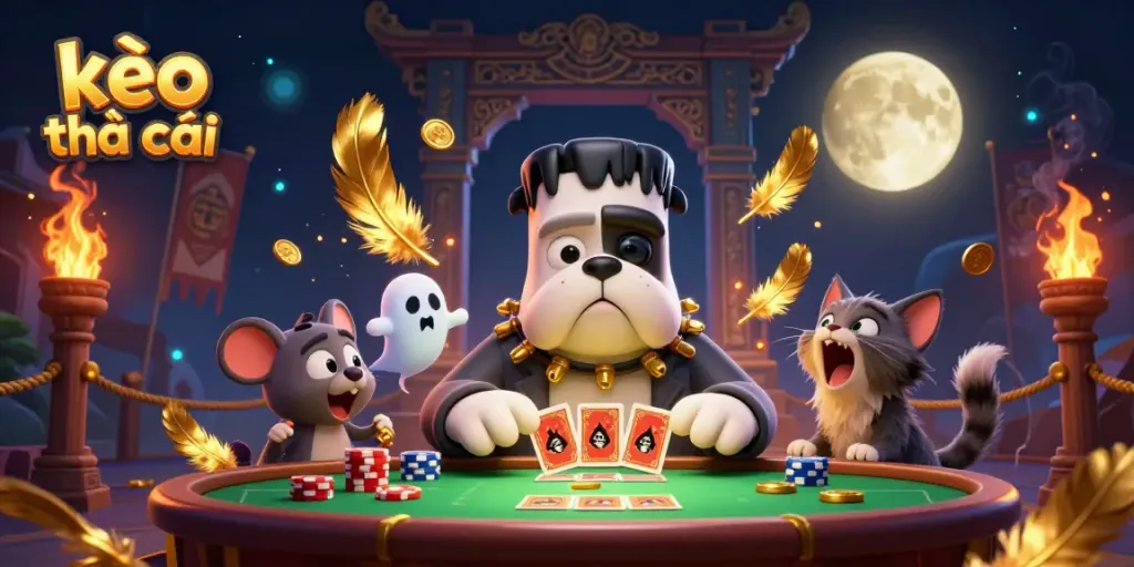 Experience thrilling kèo nhà cái action with a Frankenstein bulldog dealing cards in a spooky casino scene.