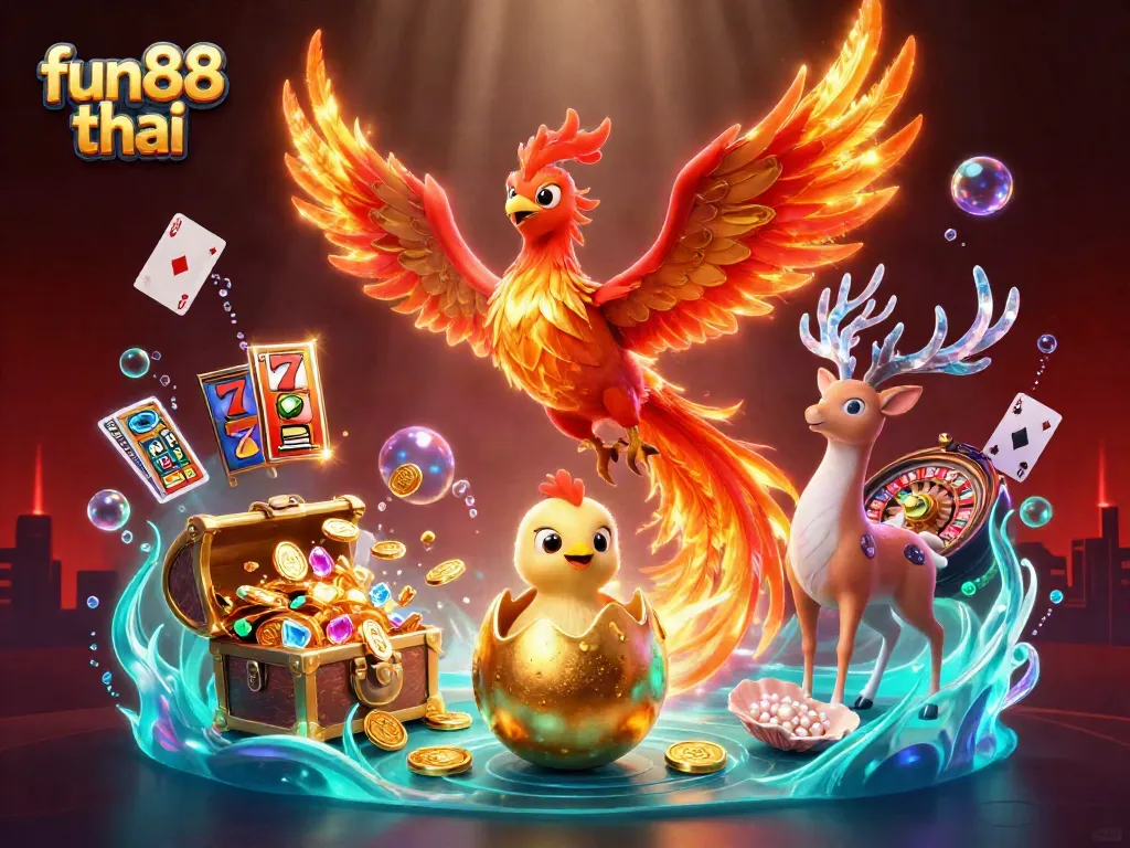 Play slots with fun88 thai and experience a vibrant casino atmosphere featuring a majestic phoenix.