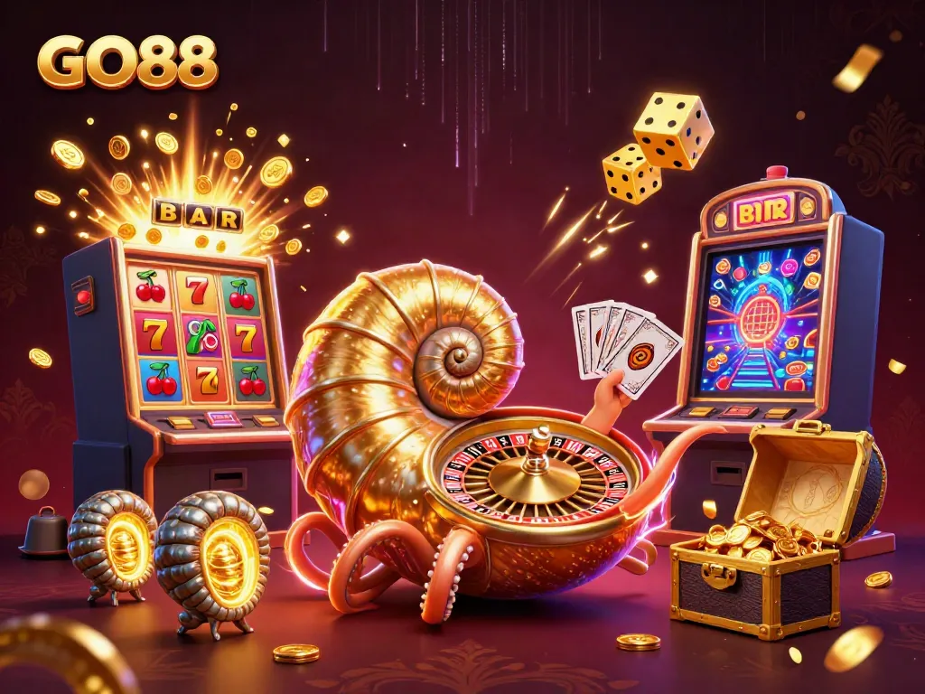 Experience GO88's exciting online casino world with a dynamic 3D nautilus character at the center of a jackpot explosion.