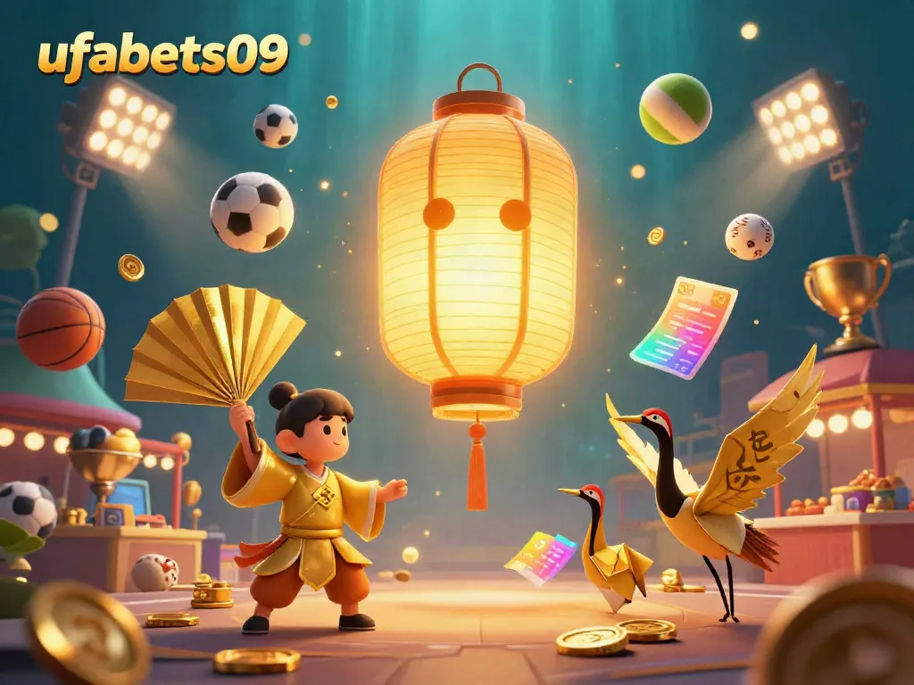 Experience the excitement of ufabets09 with dynamic sports elements and golden symbols in this enchanting illustration.
