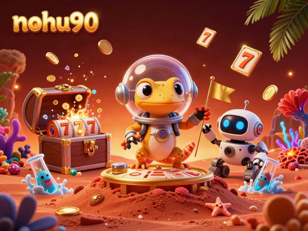 Nohu90 casino adventure with a Martian gecko and robot in a treasure-filled scene.