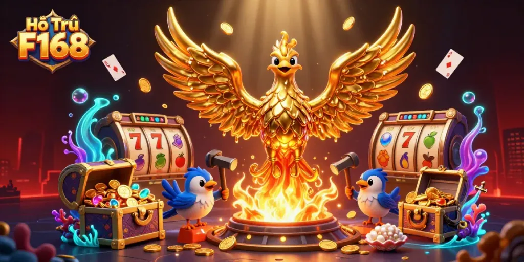 Experience the thrilling Hỗ Trợ F168 gameplay with dynamic casino elements and a stunning phoenix scene.