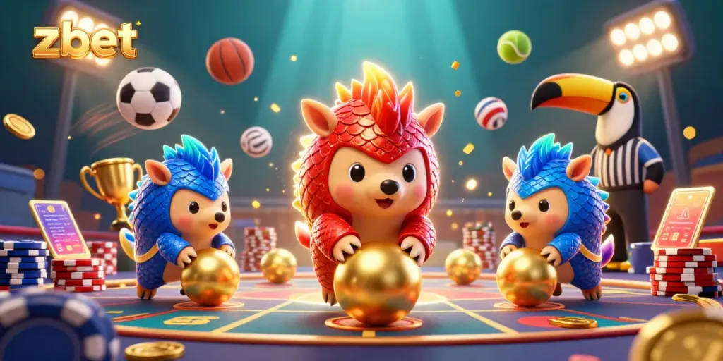 Experience thrilling gameplay at zbet with lively pangolins and sports elements in an energetic scene.