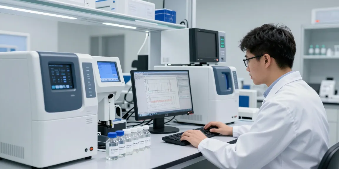 Aegean Labs Peptide testing in a high-precision laboratory with HPLC chromatograms and advanced analytical equipment.
