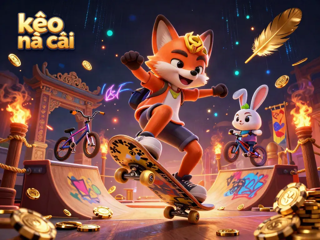 Experience thrilling kèo nhà cái action with a skateboarder fox and BMX rabbit in a vibrant casino scene.