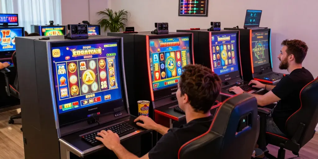 Excited players enjoying slot games online in a vibrant gaming lounge.