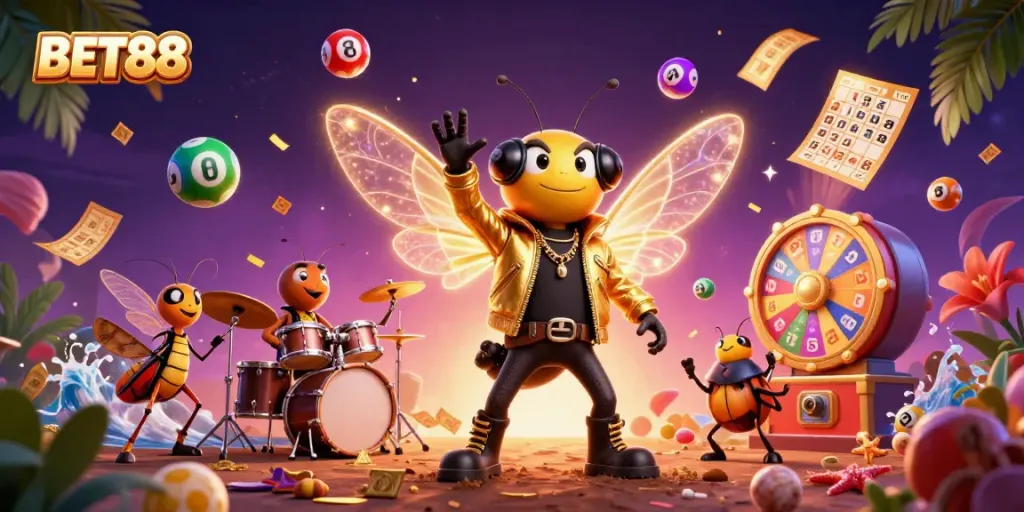Join the excitement at BET88 with vibrant lottery elements and animated characters in an engaging casino scene.