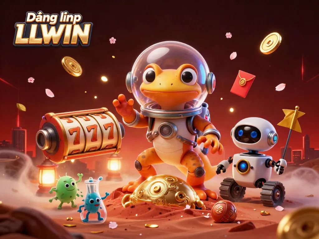 Join the fun of Đăng nhập LLWIN at a vibrant casino scene with a Martian gecko and alien friends.