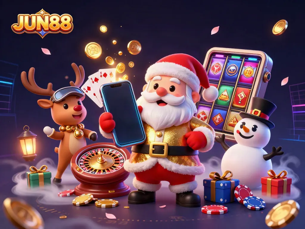 Win big at JUN88 with Santa Claus and friends in a vibrant casino scene featuring jackpot slots.