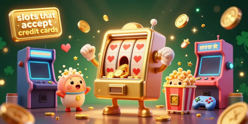 Experience thrilling slots that accept credit cards with a lively 3D illustration of a golden slot machine hitting a jackpot.