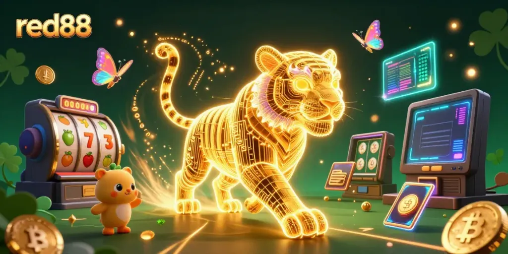 Engage with red88's vibrant casino world featuring neon elements and lucky symbols.