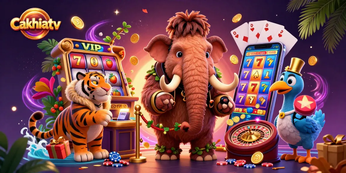 Cakhiatv showcases a vibrant casino scene with a woolly mammoth bouncer, VIP saber-tooth tiger, and a dodo doorman, amid exciting gaming elements.