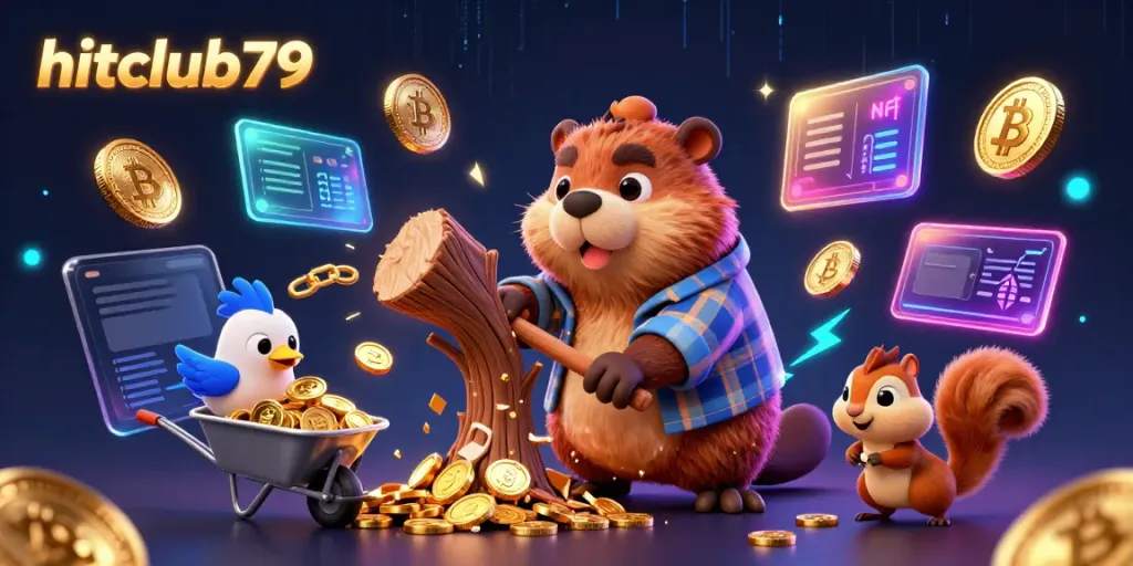 hitclub79 online casino adventure with a beaver collecting gold coins, showcasing blockchain elements and vibrant atmosphere