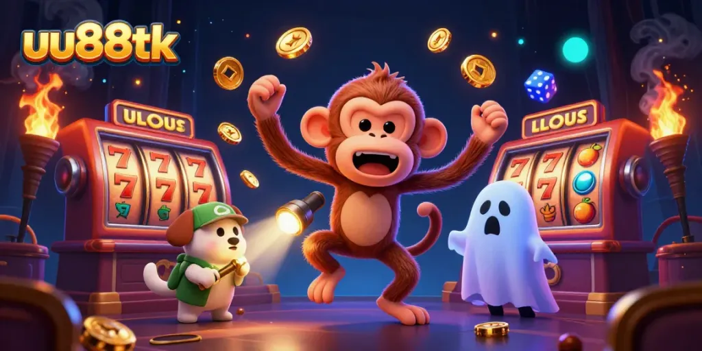 Engage with the thrilling atmosphere of uu88tk's casino featuring a poltergeist monkey juggling gold while a puppy hunts ghosts.