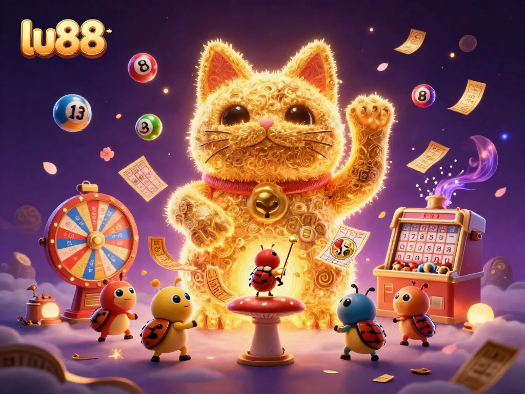 Experience the thrilling world of lu88 with a vibrant golden lucky cat and colorful casino elements in a mystical atmosphere.