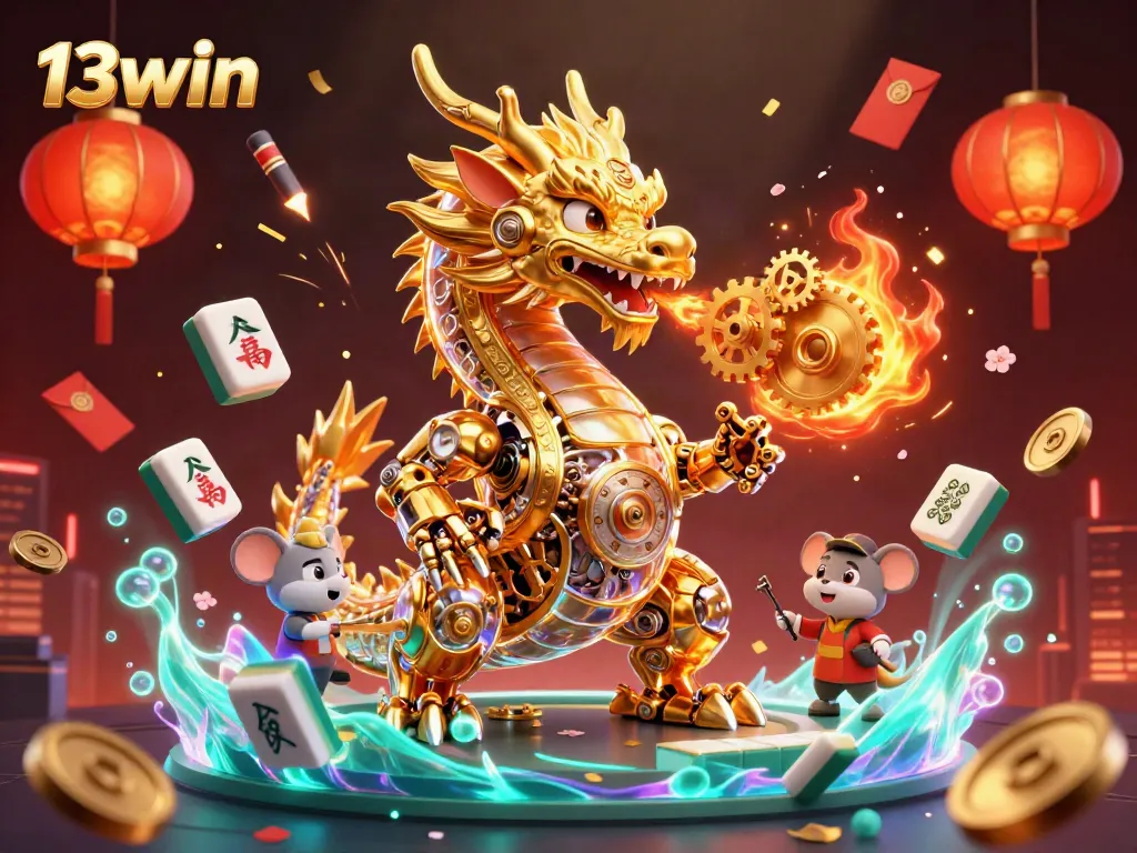 Experience the excitement of 13win with a dazzling illustration of a golden dragon and casino elements.